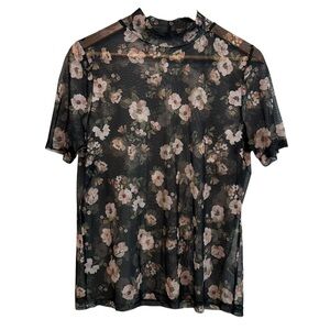 Women's Large Black Blush Floral Whimsigoth See-Through Stretchy Mesh Casual Top